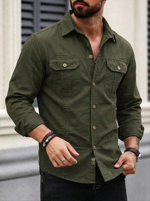 men's olive green casual cargo military shirt