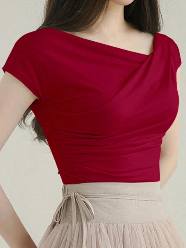 dazy red asymmetric neckline pleated short sleeve top