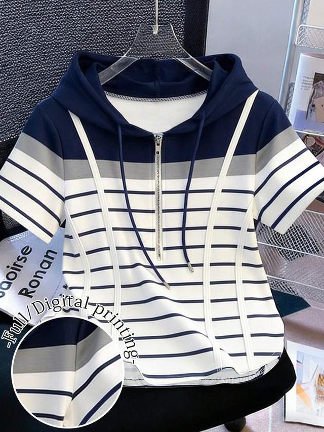 resyla half-zip striped short sleeve hoodie top