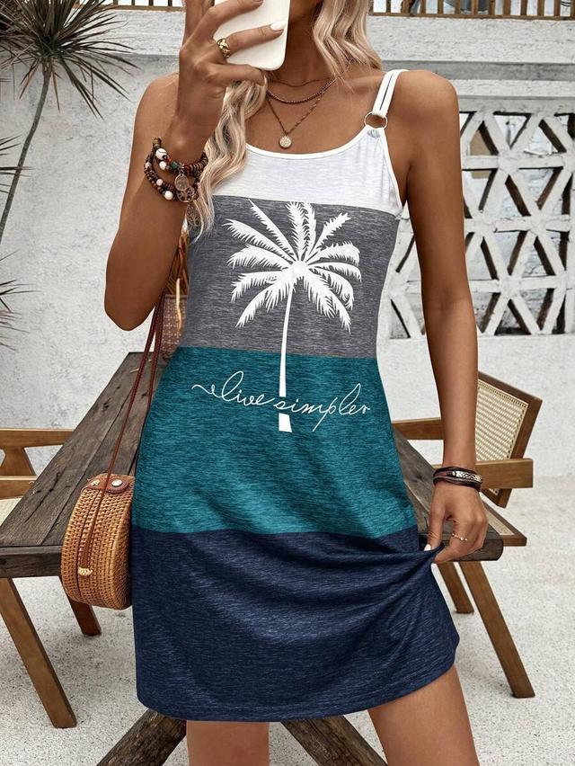 colorblocked palm tree print casual tank dress