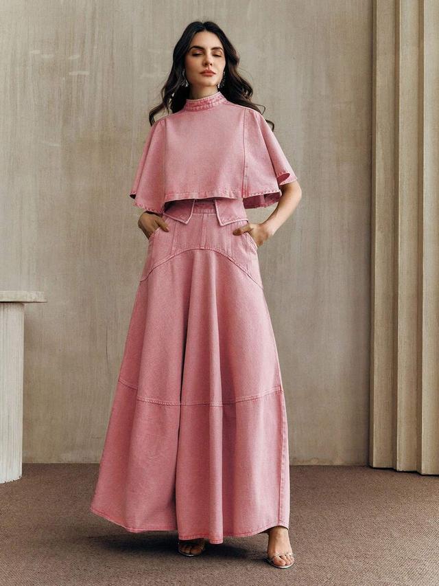 pink washed denim cape sleeve top and skirt set