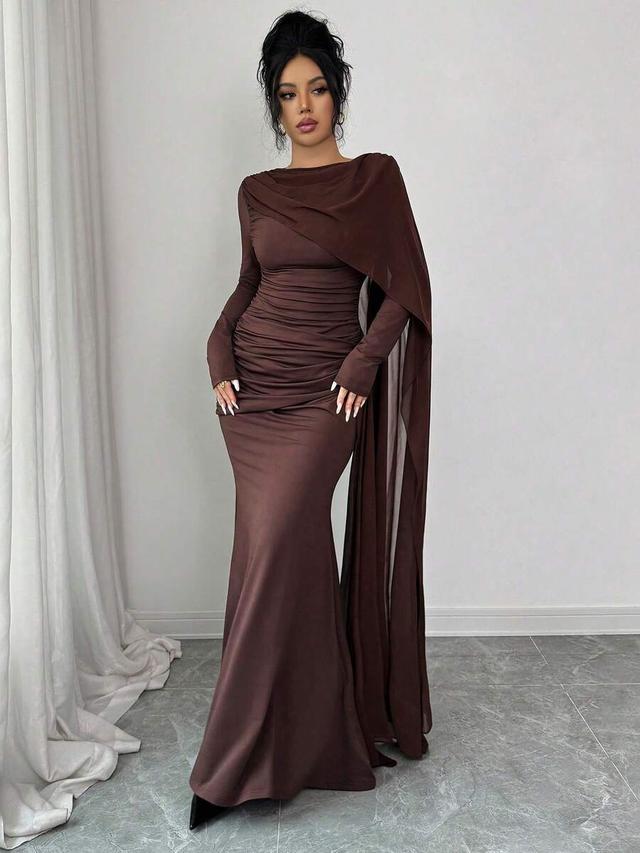 asymmetric cape collar ruched velvet a-line dress