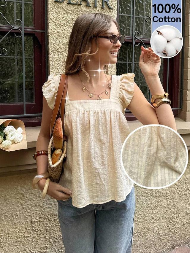 apricot cotton square neck ruffle sleeve blouse