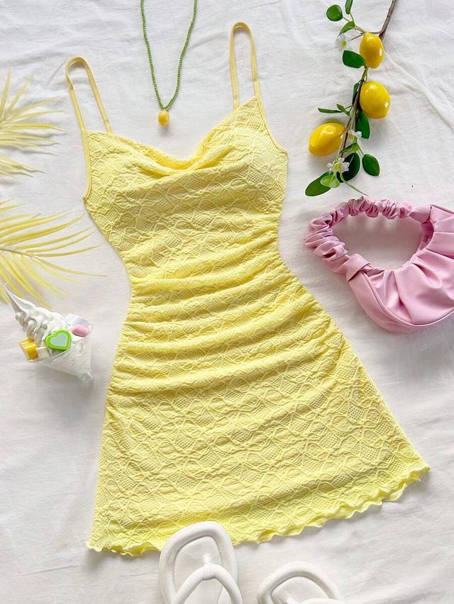 soleia butter yellow spaghetti strap ruched mini dress