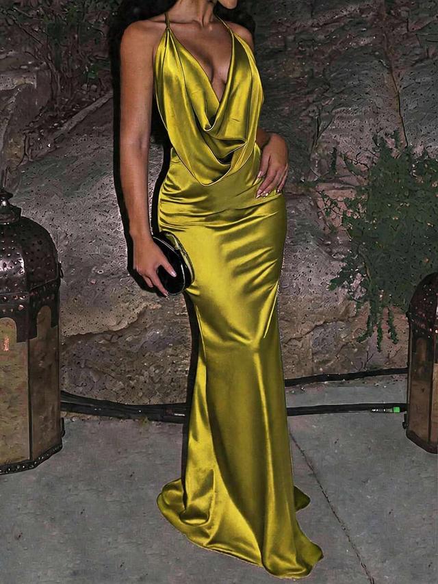 chartreuse cowl neck silk satin floor length gown