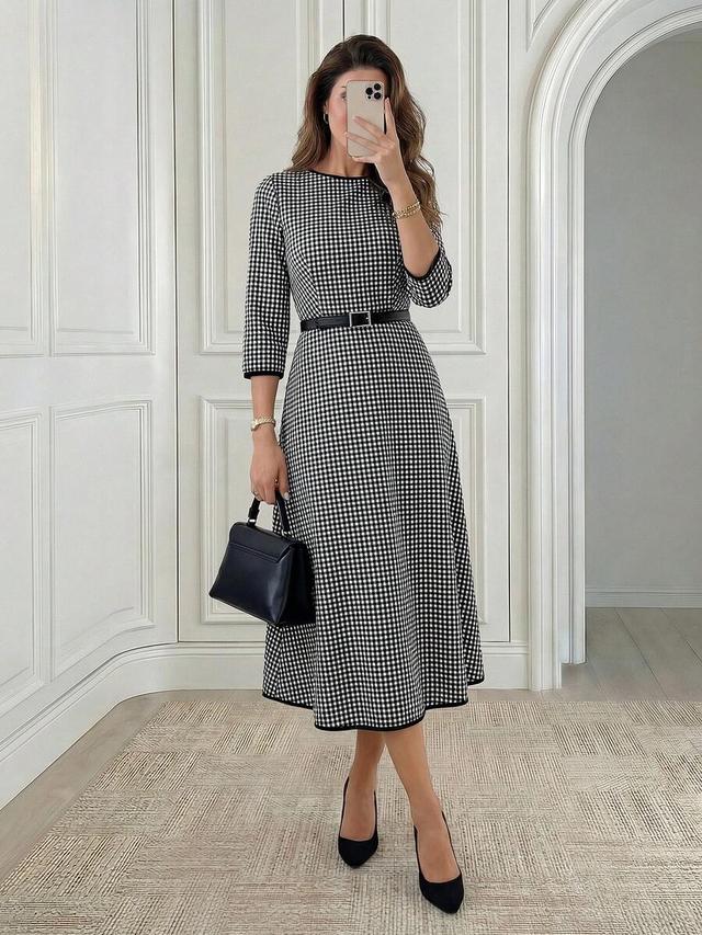 elegant black and white plaid mid-length dress