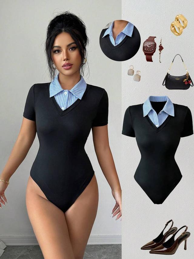 black and white striped fake two-piece v-neck bodysuit
