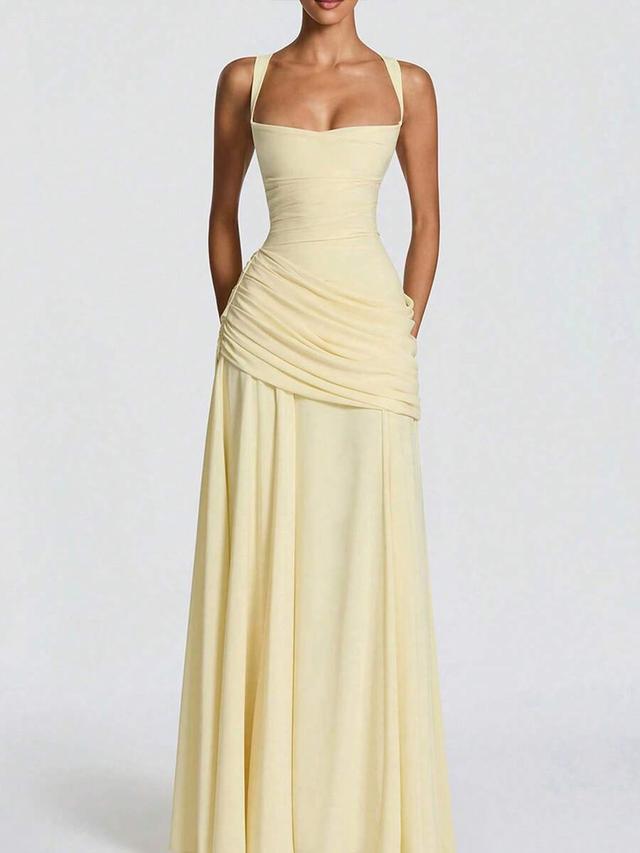 solid color high waist pleated square neck dress