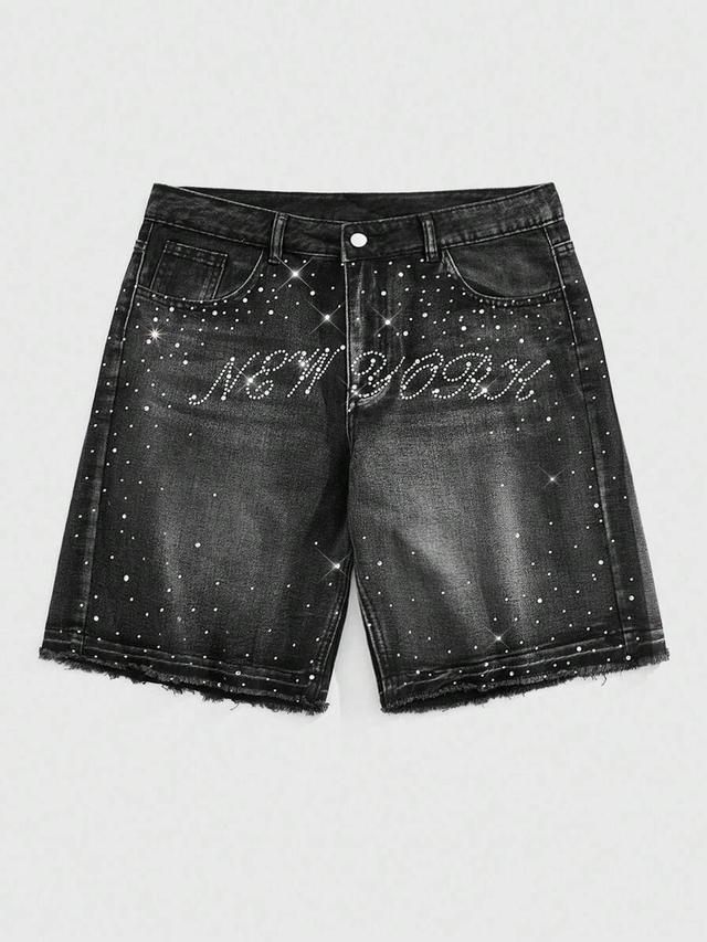 black denim shorts with rhinestone embellished new york graphic