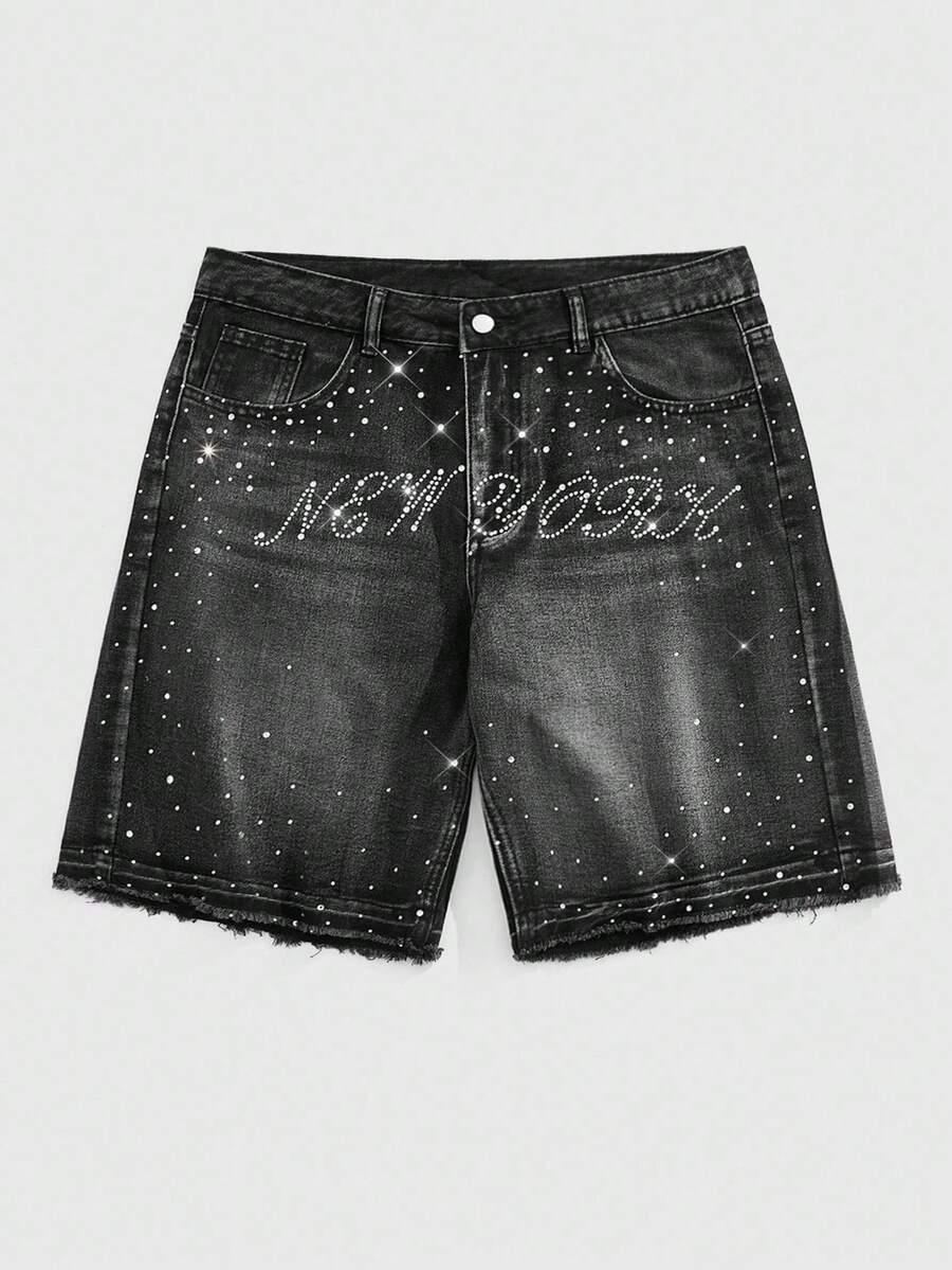 black denim shorts with rhinestone embellished new york graphic
