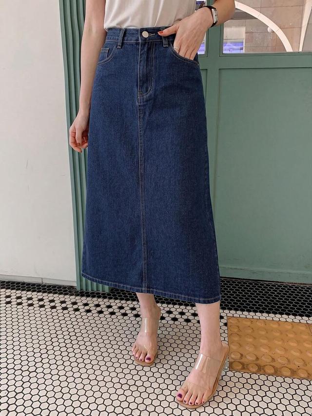 dark wash denim midi skirt