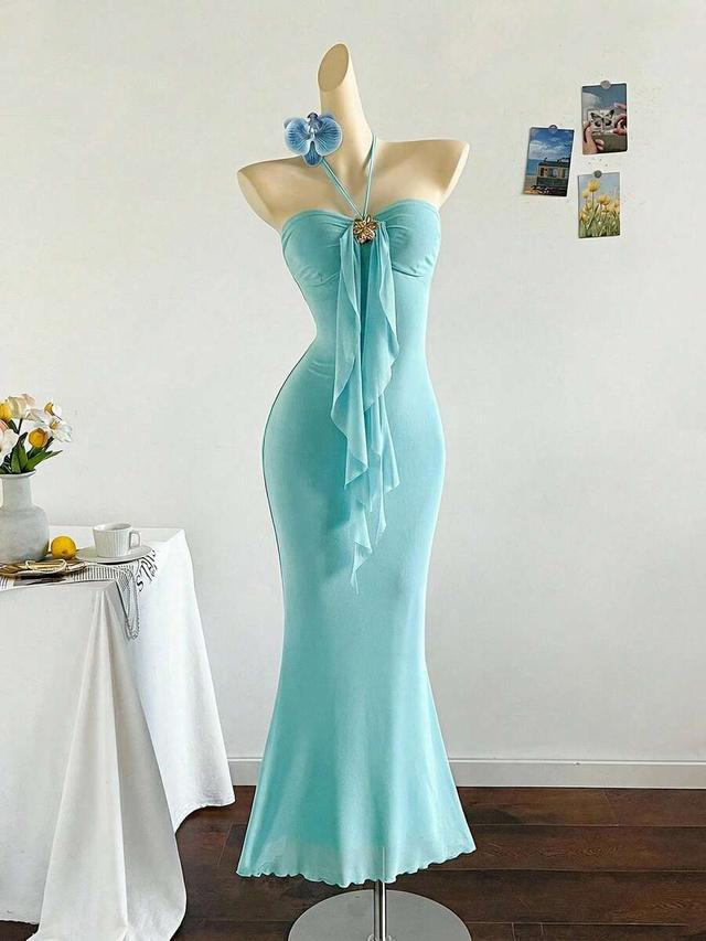 teal blue knit mesh halter fish tail dress