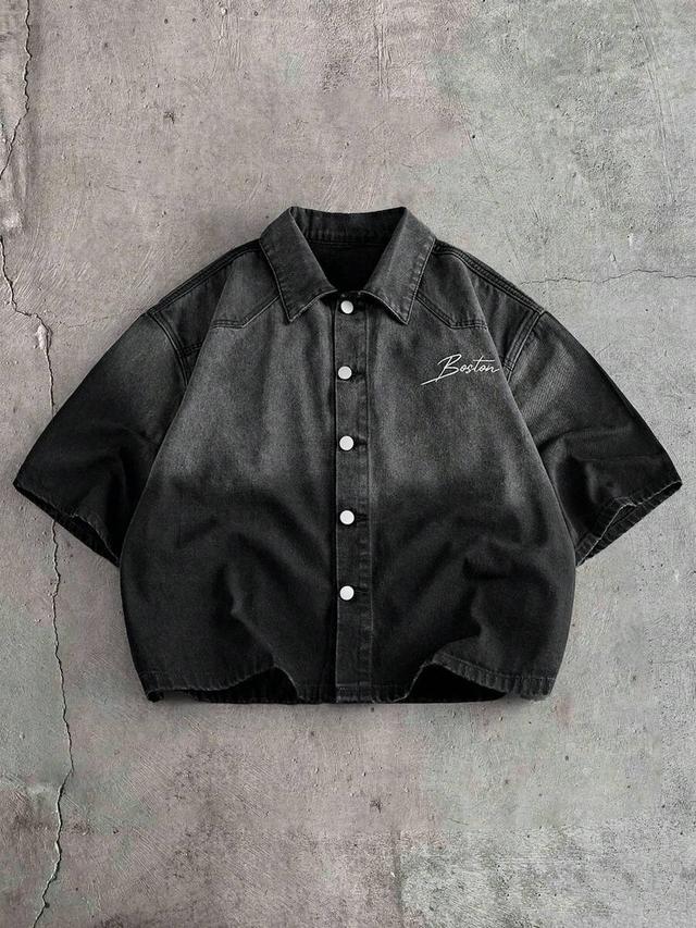 vintage gradient black and grey denim short sleeve shirt
