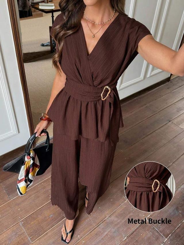 brown v-neck cap sleeve top and loose trousers set