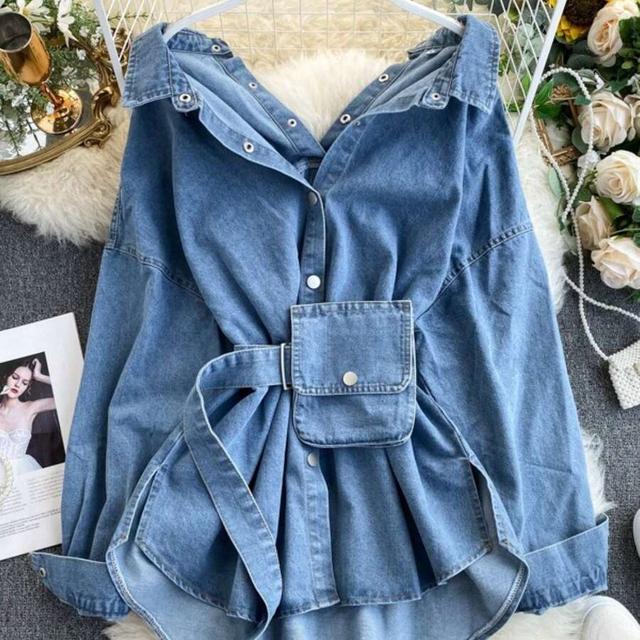 denim shirt with waist belt and utility pocket