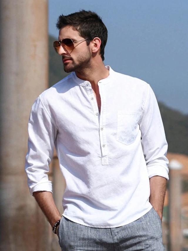 white minimalist linen blend long sleeve shirt