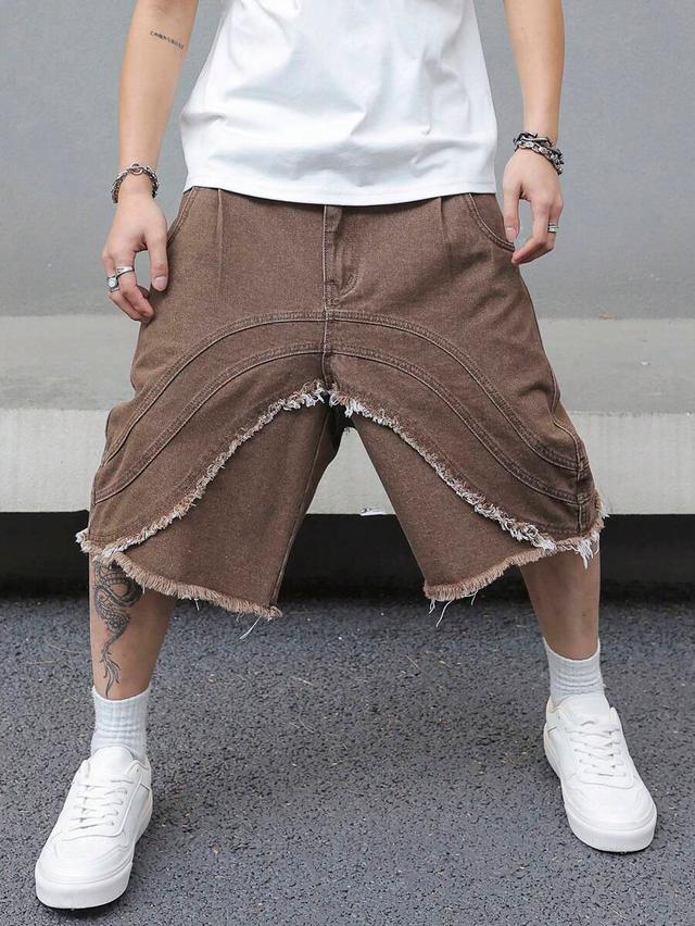 brown loose fit frayed hem denim shorts