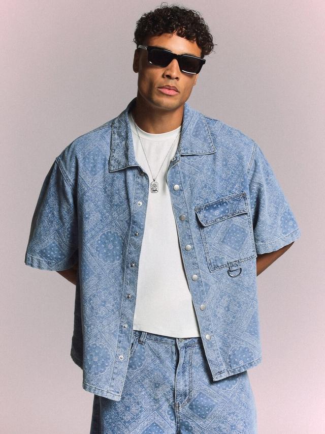 boxy fit paisley print denim shirt