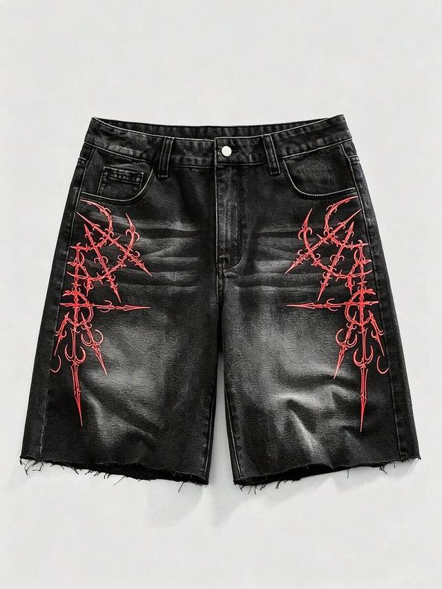 goth printed frayed hem black washed denim shorts