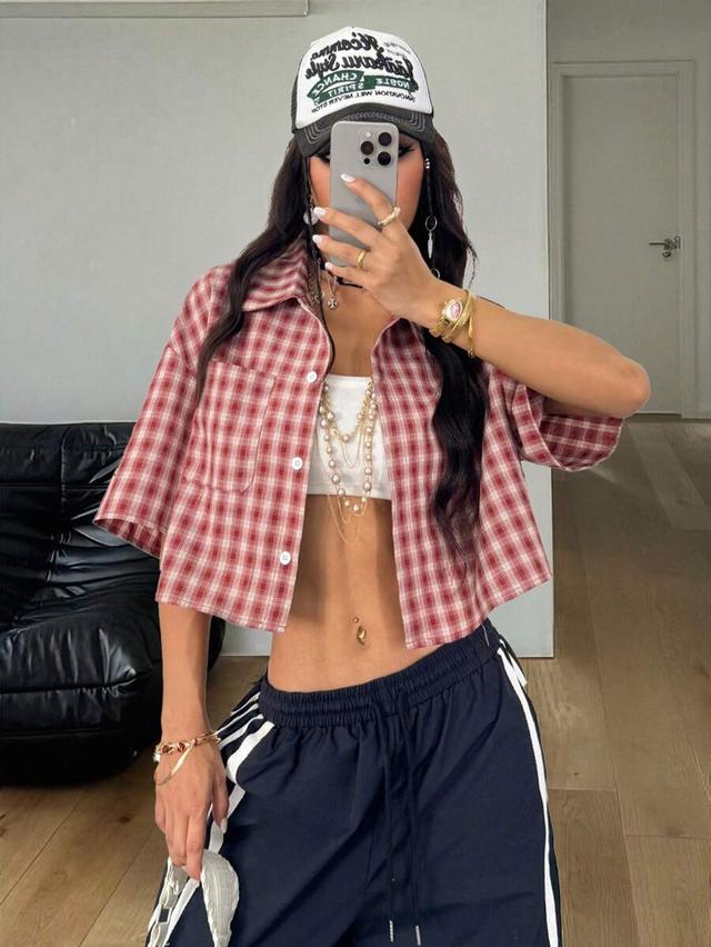 vintage y2k red and white plaid crop shirt