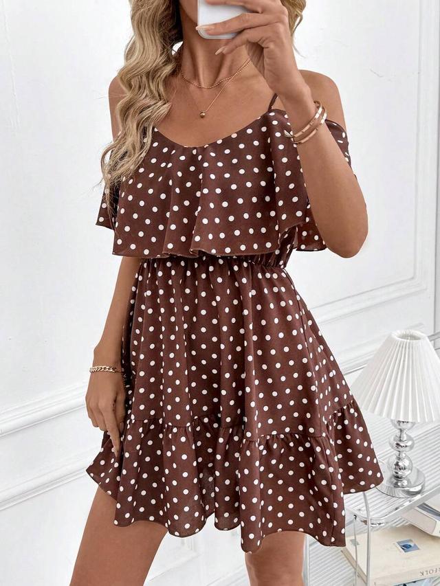 brown and white polka dot off-shoulder ruffle dress