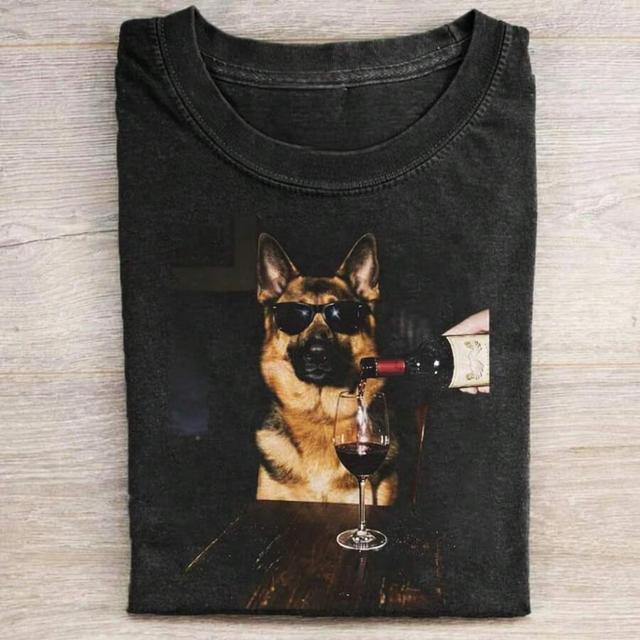 german shepherd dog drinking wine graphic t-shirt