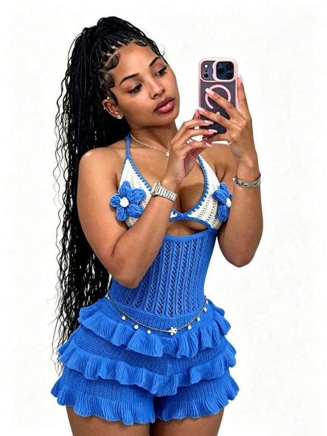 blue and white floral knitted halter romper