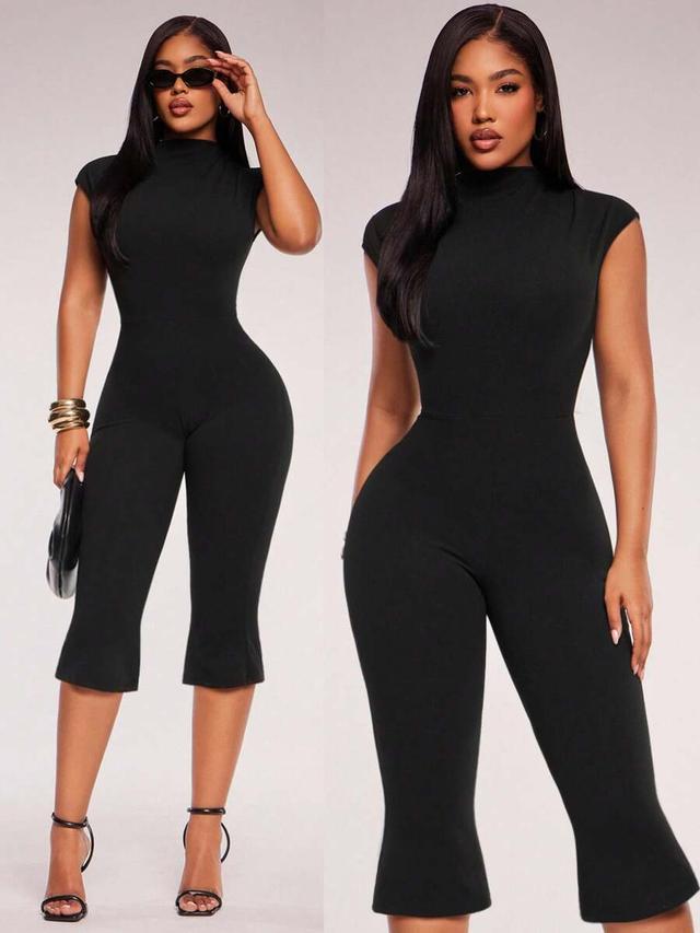 black sleeveless mock neck jumpsuit