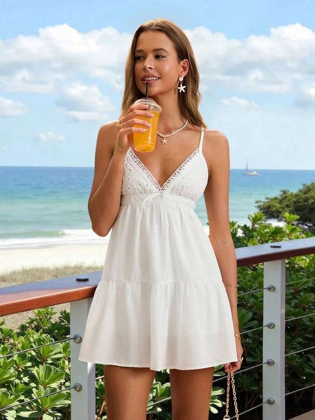 white cotton eyelet lace patchwork v-neck slip dress