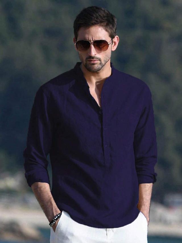 minimalist navy blue cotton linen blend long sleeve shirt