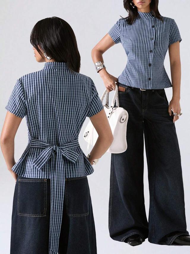 minimalist blue and white stripe waist-defining shirt blouse