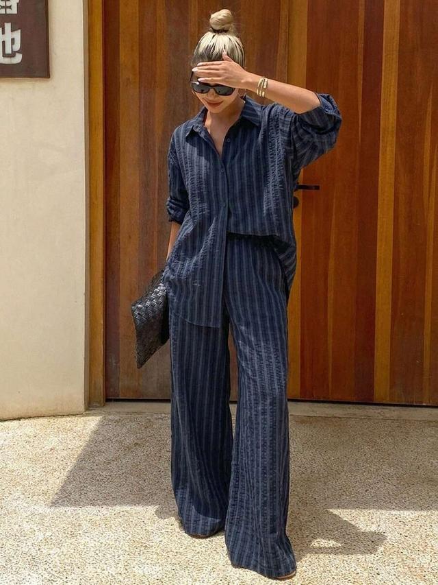 navy striped button-down shirt and wide-leg trousers set