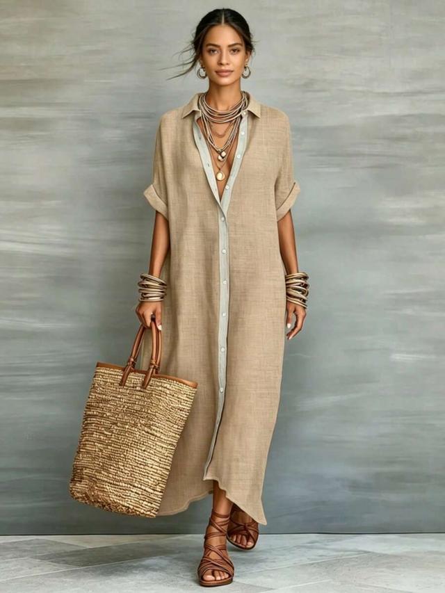 loose lapel short sleeve linen shirt dress