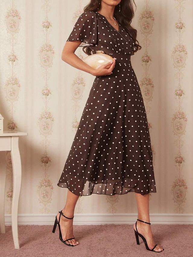 brown and white polka dot v-neck midi dress