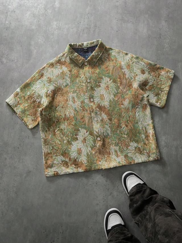 green floral tropical print short sleeve shirt
