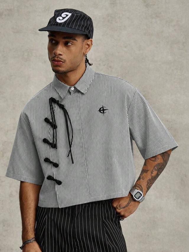 striped chinese style shirt with knot closures