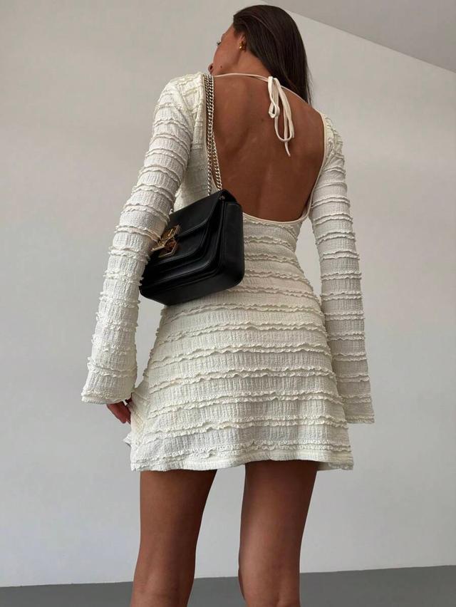 cream white backless jacquard knit flared sleeve dress