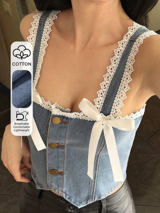 washed blue denim lace patchwork tie-up sleeveless top