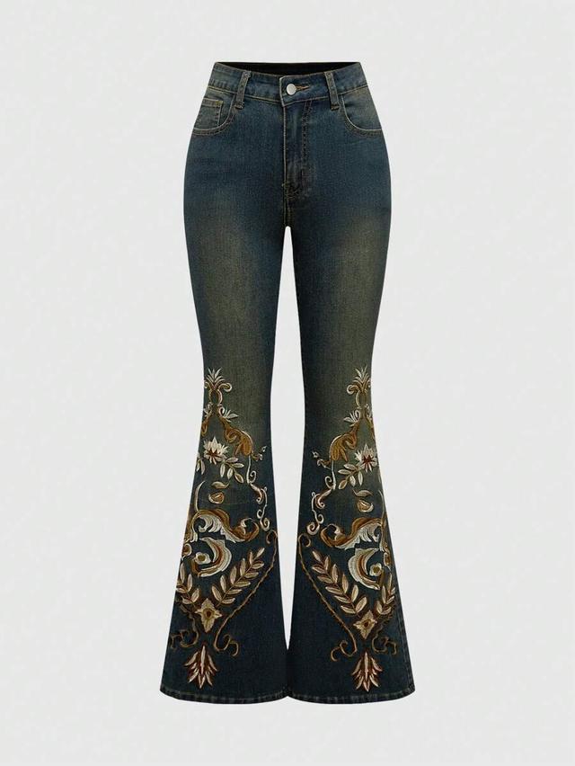floral embroidered retro hippie flare denim jeans