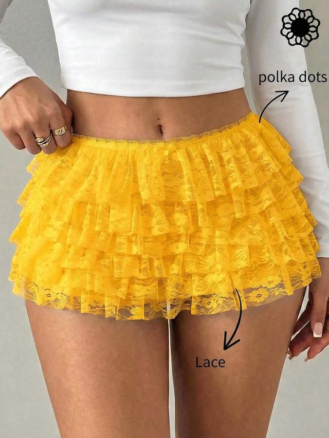 yellow lace layered ruffle hem low waist skort