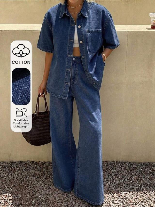 navy blue washed denim short sleeve shirt and trouser set