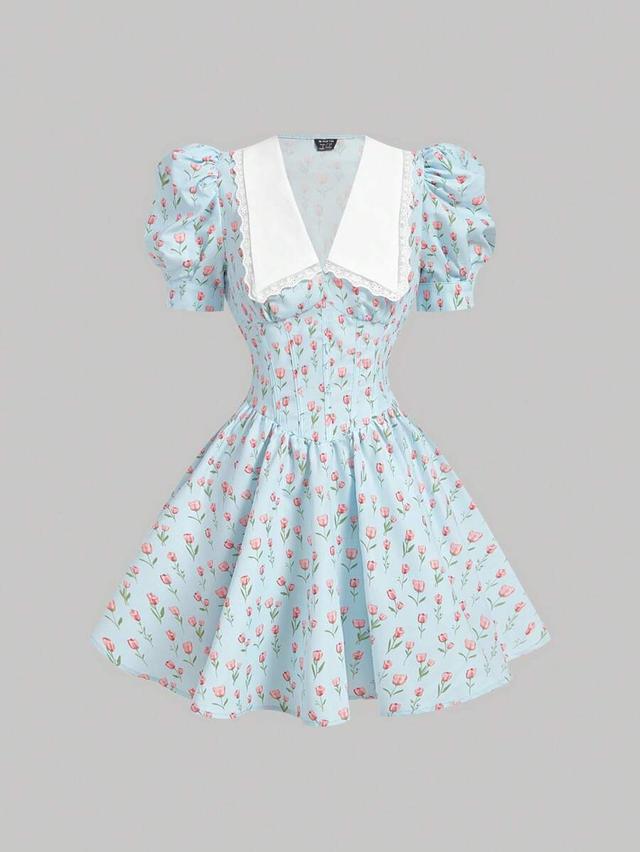 ditsy floral collared bishop sleeve bodycon dress