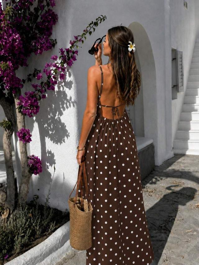 brown polka dot backless tie strap vacation dress