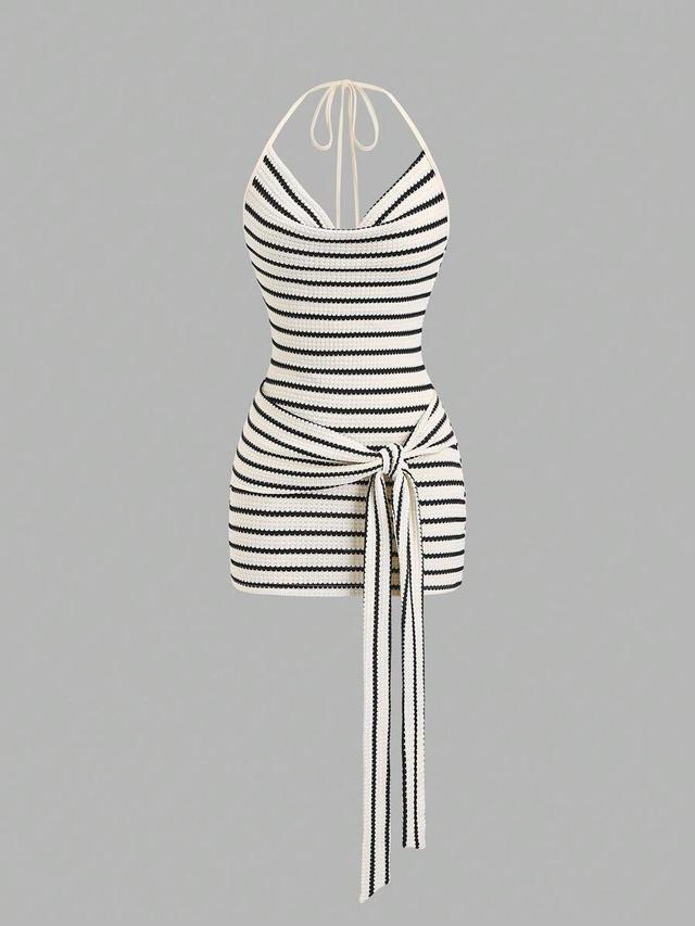 apricot and black striped halter mini dress