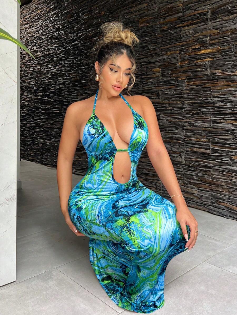 blue and green marble print halter maxi dress