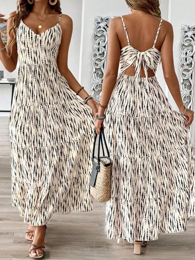 bohemian tie-back tiered maxi dress with abstract print