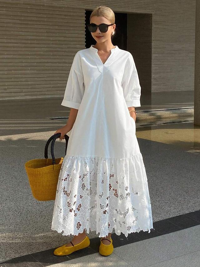 white cotton shirt dress with lace patchwork hem