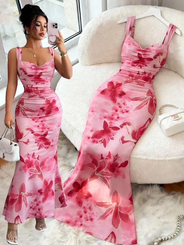 pink floral print cowl neck midi dress