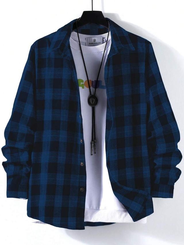 blue plaid buttoned front long sleeve casual jacket