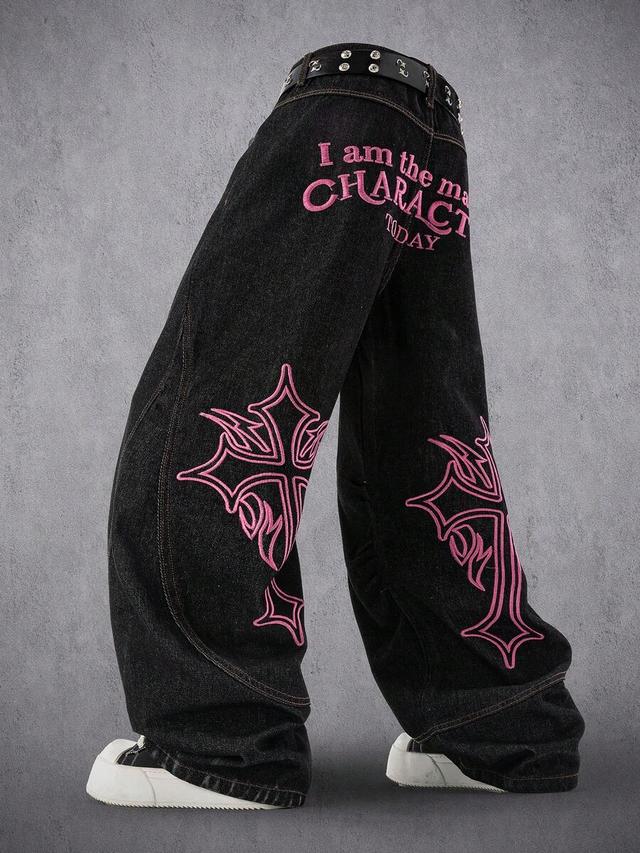 distressed black wide leg jeans with pink embroidery